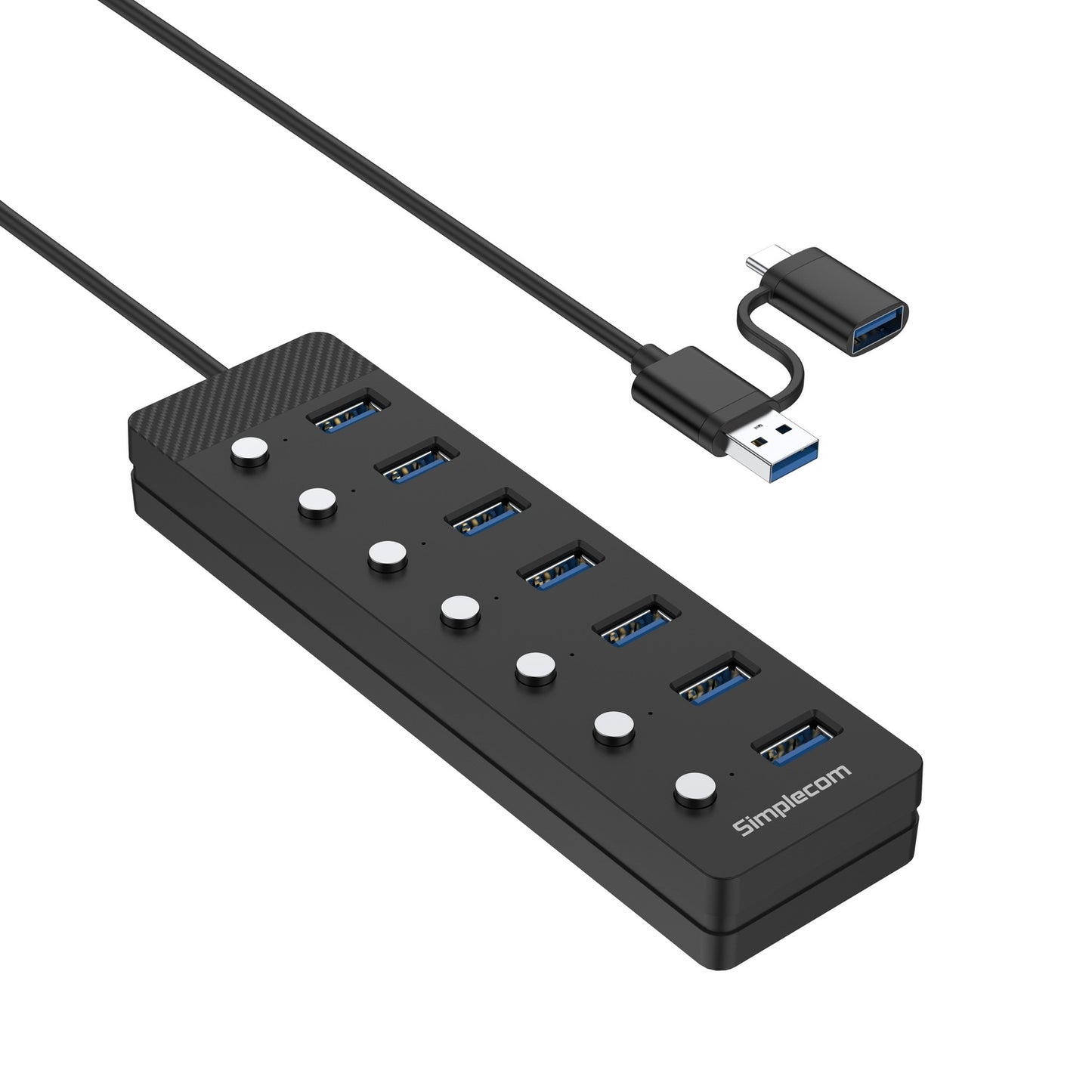 simplecom-ch375c-usb-a-and-usb-c-to-7-port-usb-3-0-hub-5gbps-individual-switches-and-power-adapter