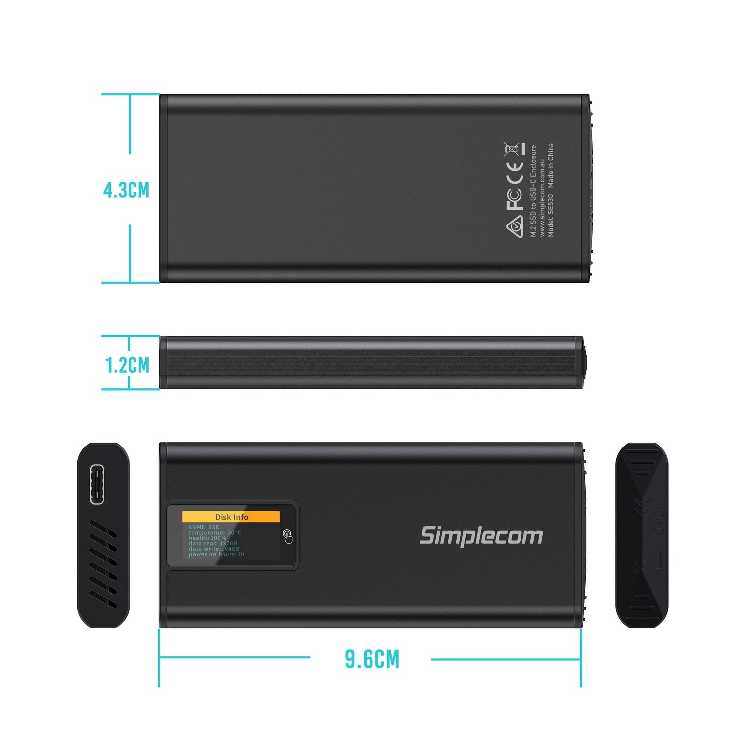 simplecom-se530-nvme-sata-m-2-ssd-to-usb-c-enclosure-with-smart-led-screen-usb-3-2-gen-2-10gbps