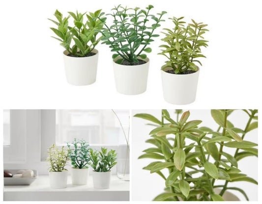 3 Pack of Artificial Herb Potted Plants in White Plastic 5cm Pot Interior Decoration