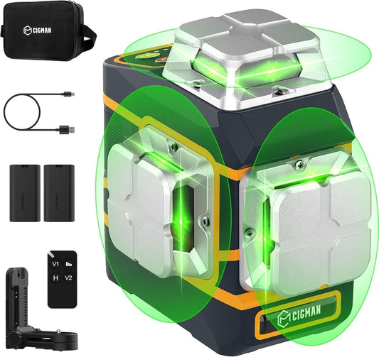 CIGMAN Laser Level CM-801 Laser Level Self Leveling 3x360Â°3D Green Cross Line for Decoration and Picture Hanging with Two Rechargeable Batteries, Remote Controller and Magnetic L-Shaped Bracket