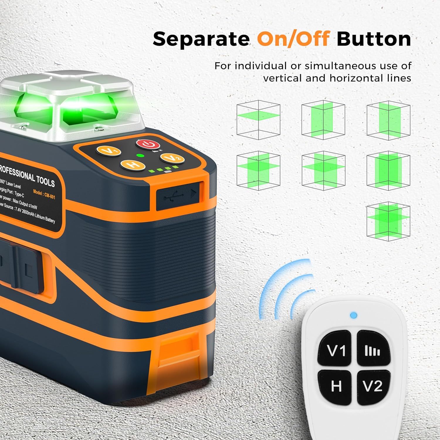 CIGMAN Laser Level CM-801 Laser Level Self Leveling 3x360Â°3D Green Cross Line for Decoration and Picture Hanging with Two Rechargeable Batteries, Remote Controller and Magnetic L-Shaped Bracket