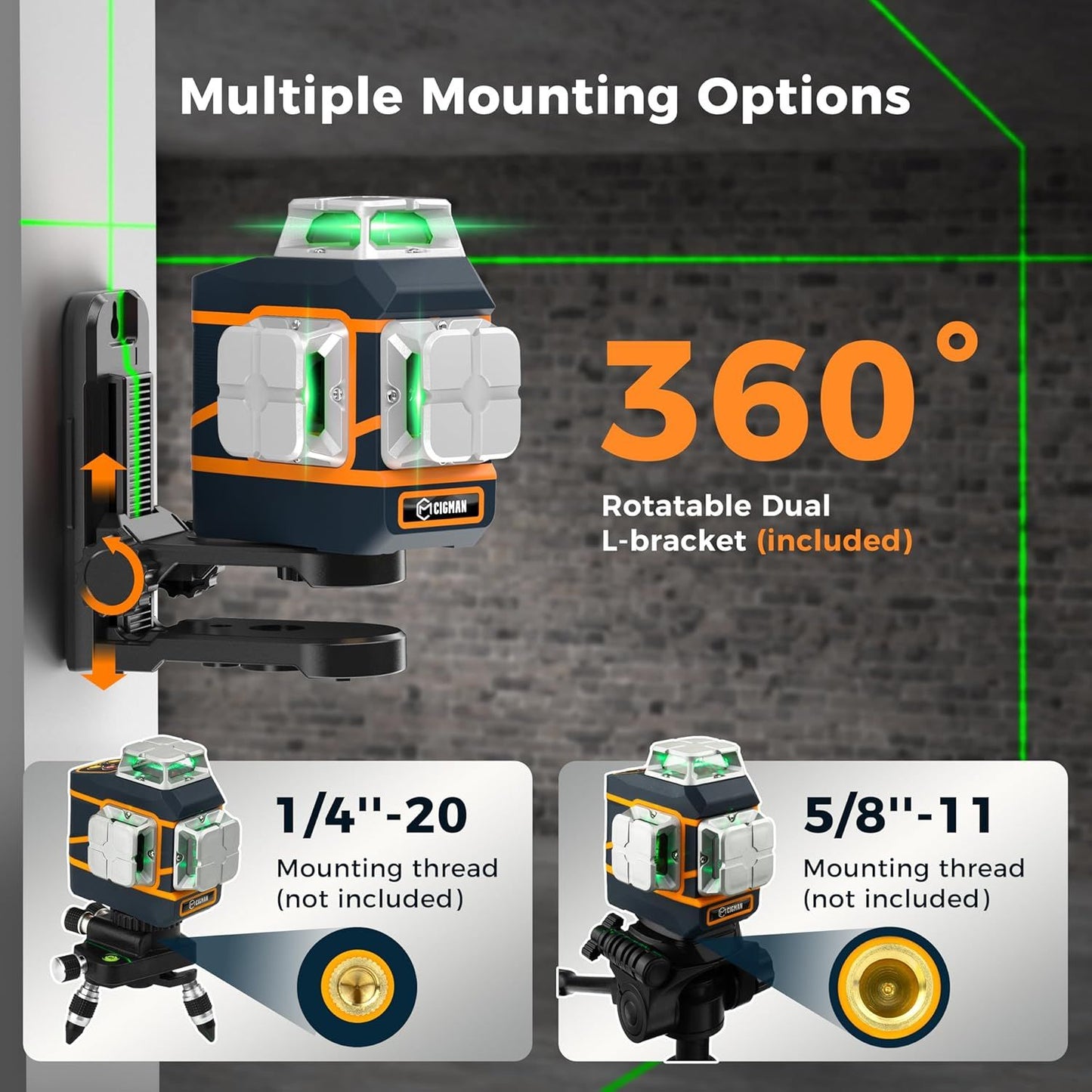 CIGMAN Laser Level CM-801 Laser Level Self Leveling 3x360Â°3D Green Cross Line for Decoration and Picture Hanging with Two Rechargeable Batteries, Remote Controller and Magnetic L-Shaped Bracket