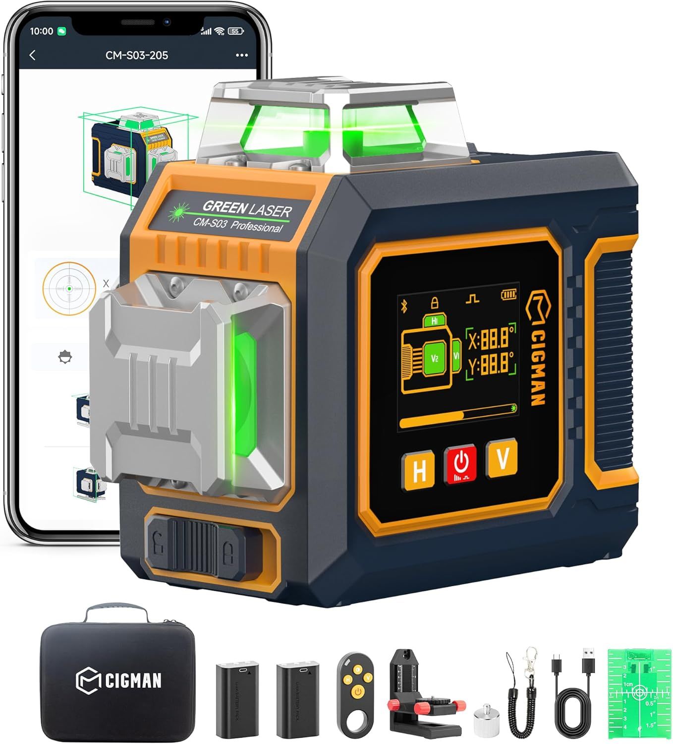 CIGMAN Green Laser Level, 3x360Â° Side LCD 12-Line Self-Leveling, Bluetooth App Remote, Pulse Mode for Receiver, Â±1/8 in. at 33 ft Accuracy, 2x Li-ion (USB-C), 1/4-20 Mount, IP54, ABS Hard Case - S03