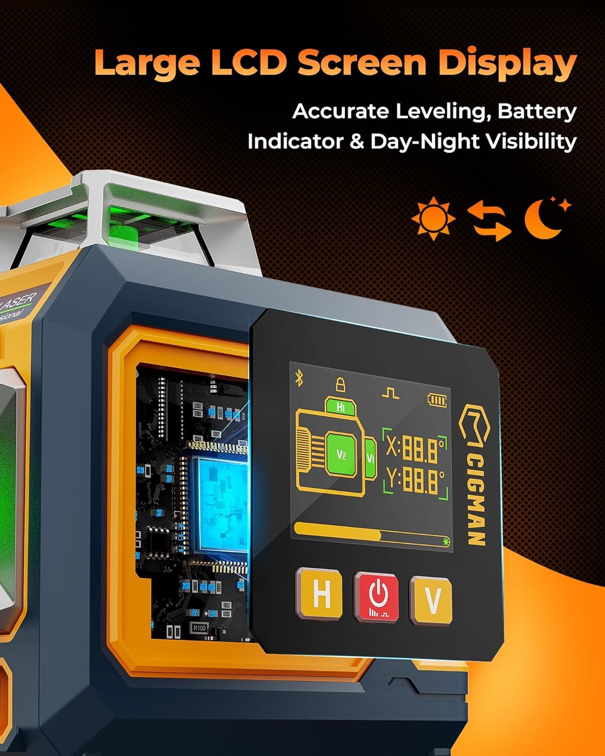 CIGMAN Green Laser Level, 3x360Â° Side LCD 12-Line Self-Leveling, Bluetooth App Remote, Pulse Mode for Receiver, Â±1/8 in. at 33 ft Accuracy, 2x Li-ion (USB-C), 1/4-20 Mount, IP54, ABS Hard Case - S03