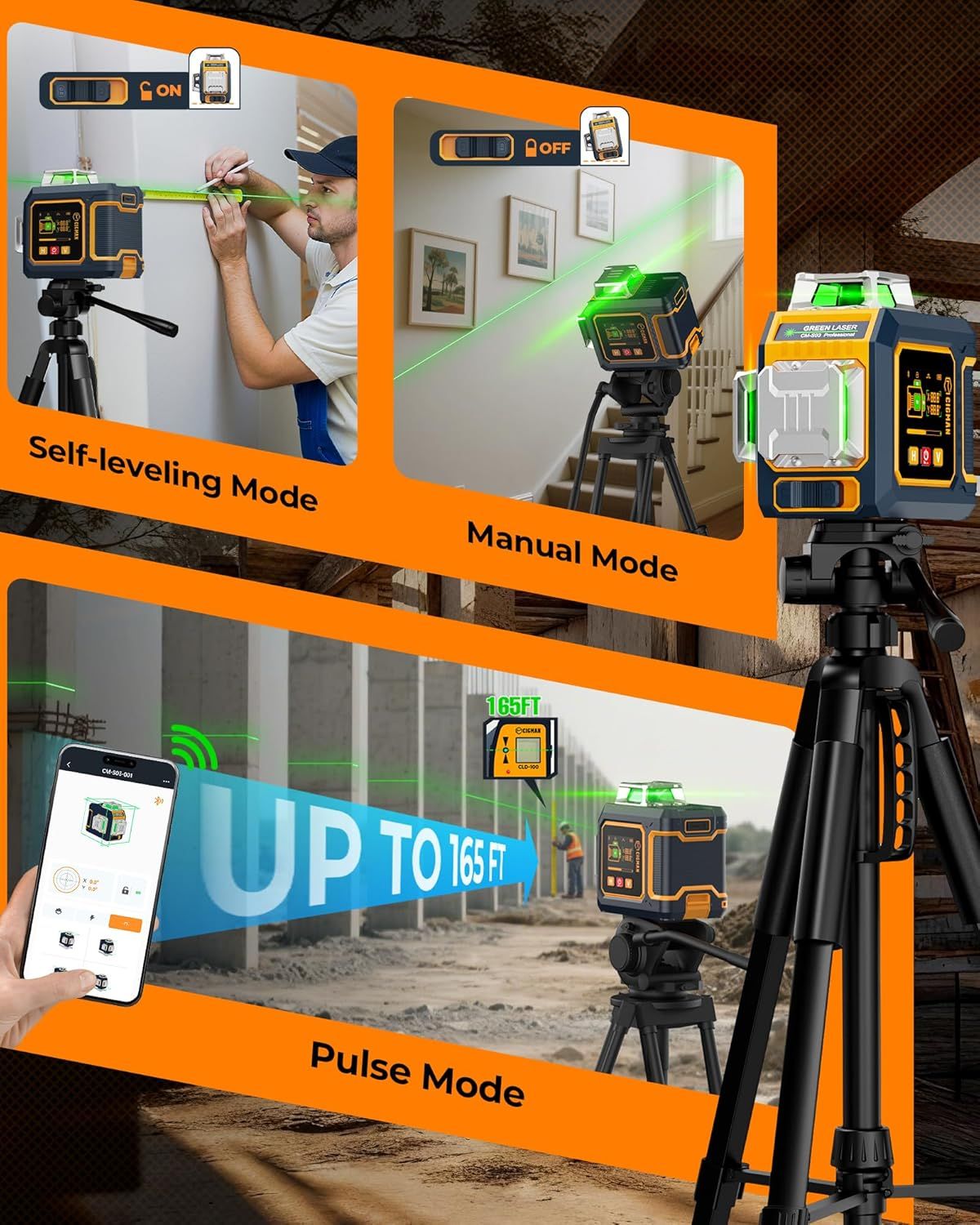 CIGMAN Green Laser Level, 3x360Â° Side LCD 12-Line Self-Leveling, Bluetooth App Remote, Pulse Mode for Receiver, Â±1/8 in. at 33 ft Accuracy, 2x Li-ion (USB-C), 1/4-20 Mount, IP54, ABS Hard Case - S03