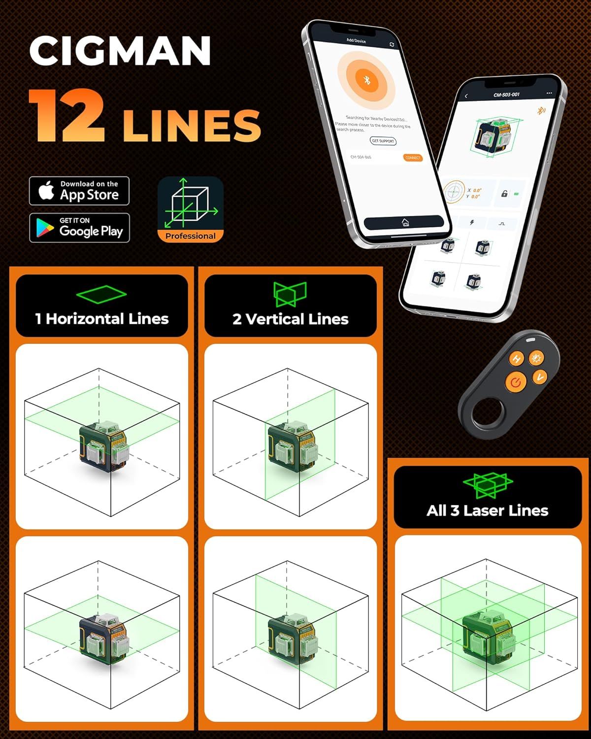 CIGMAN Green Laser Level, 3x360Â° Side LCD 12-Line Self-Leveling, Bluetooth App Remote, Pulse Mode for Receiver, Â±1/8 in. at 33 ft Accuracy, 2x Li-ion (USB-C), 1/4-20 Mount, IP54, ABS Hard Case - S03