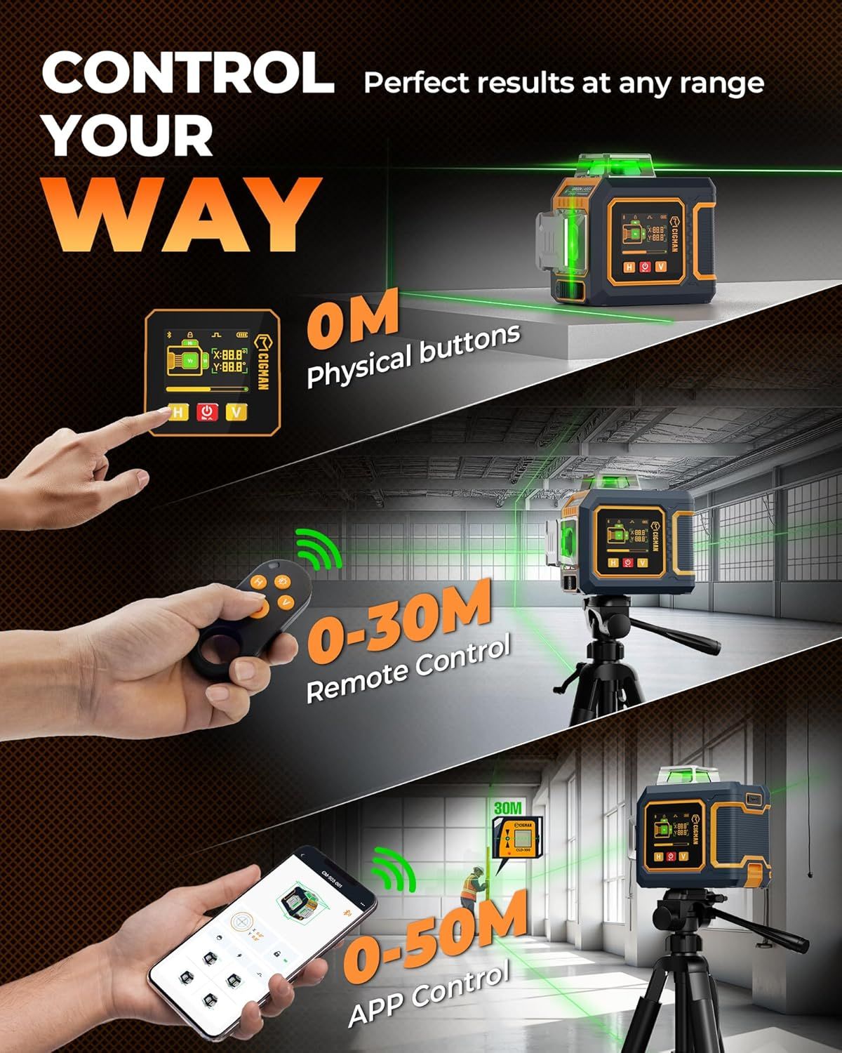 CIGMAN Green Laser Level, 3x360Â° Side LCD 12-Line Self-Leveling, Bluetooth App Remote, Pulse Mode for Receiver, Â±1/8 in. at 33 ft Accuracy, 2x Li-ion (USB-C), 1/4-20 Mount, IP54, ABS Hard Case - S03
