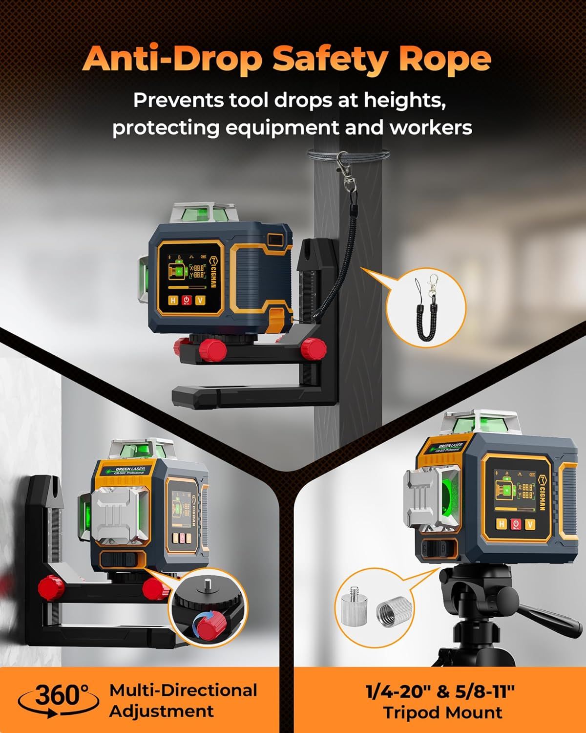 CIGMAN Green Laser Level, 3x360Â° Side LCD 12-Line Self-Leveling, Bluetooth App Remote, Pulse Mode for Receiver, Â±1/8 in. at 33 ft Accuracy, 2x Li-ion (USB-C), 1/4-20 Mount, IP54, ABS Hard Case - S03