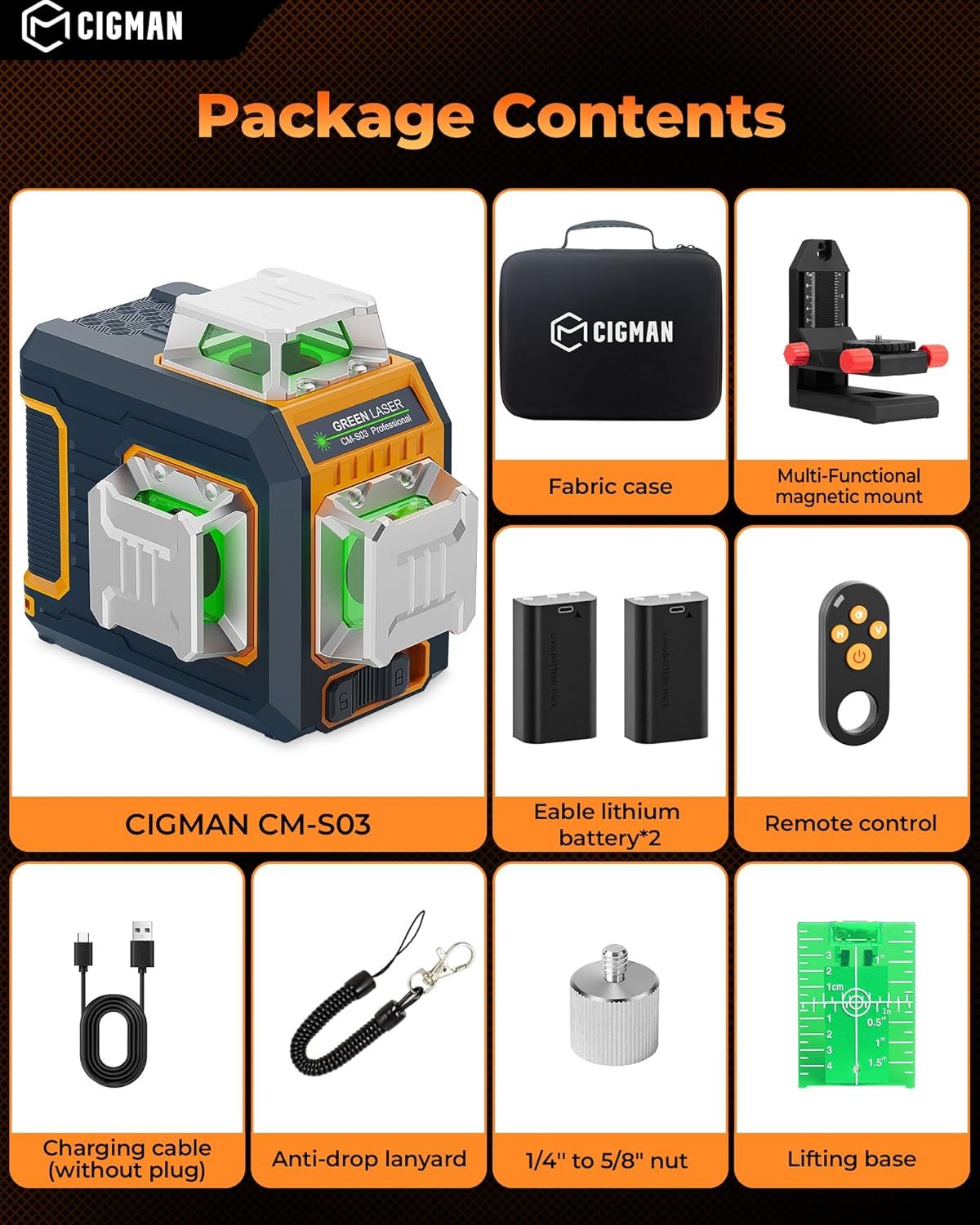 CIGMAN Green Laser Level, 3x360Â° Side LCD 12-Line Self-Leveling, Bluetooth App Remote, Pulse Mode for Receiver, Â±1/8 in. at 33 ft Accuracy, 2x Li-ion (USB-C), 1/4-20 Mount, IP54, ABS Hard Case - S03