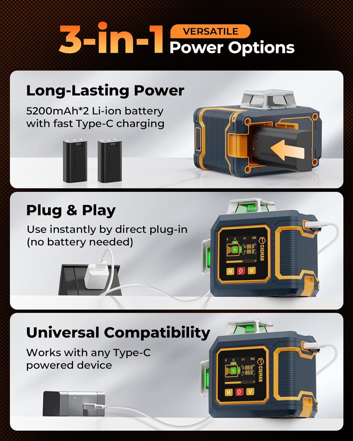 CIGMAN Green Laser Level, 3x360Â° Side LCD 12-Line Self-Leveling, Bluetooth App Remote, Pulse Mode for Receiver, Â±1/8 in. at 33 ft Accuracy, 2x Li-ion (USB-C), 1/4-20 Mount, IP54, ABS Hard Case - S03