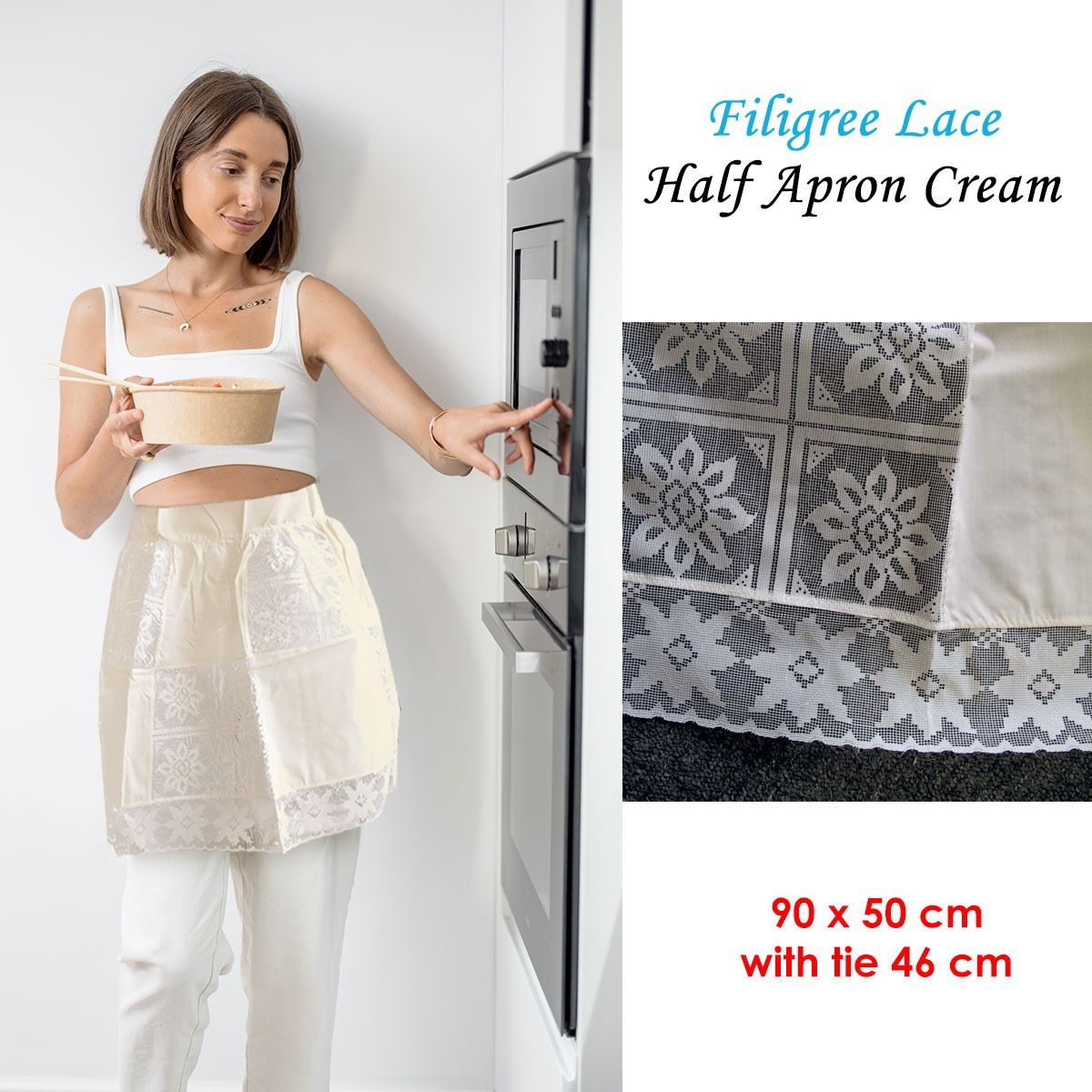 Filigree Lace Half Apron Cream 90 x 50cm