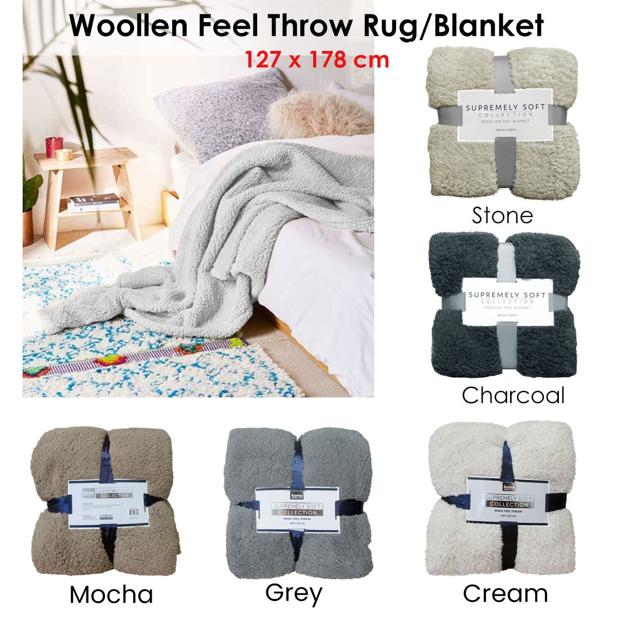 Soft Woollen Feel Throw Rug/Blanket Cream