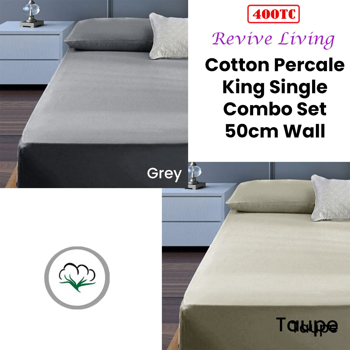 400tc-cotton-percale-king-single-combo-set-50cm-wall-grey at www.mallsonline.com.au