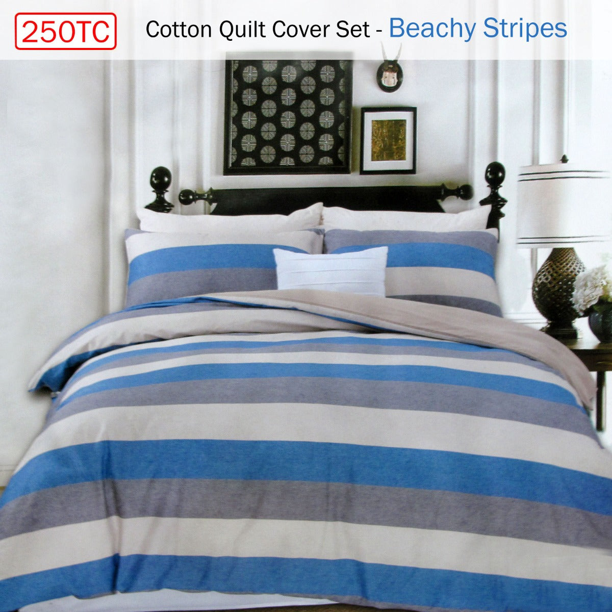 250TC Cotton Reversible Quilt Cover Set Beachy Stripes Queen