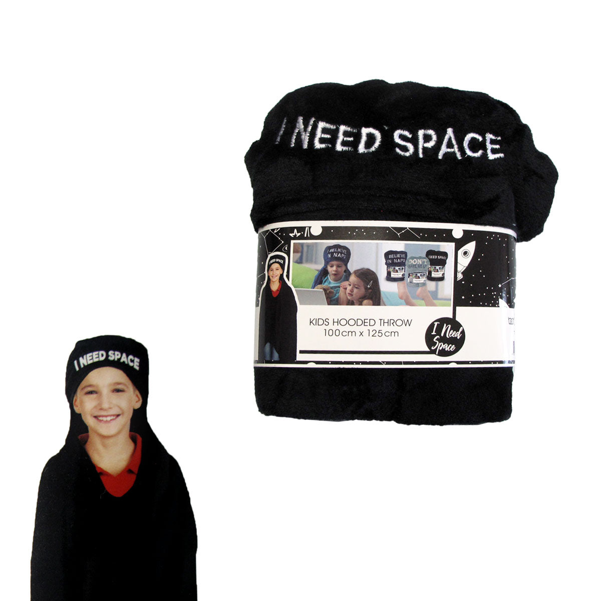 kids-embroidered-hooded-throw-rug-100-x-125cm-black-i-need-space at www.mallsonline.com.au