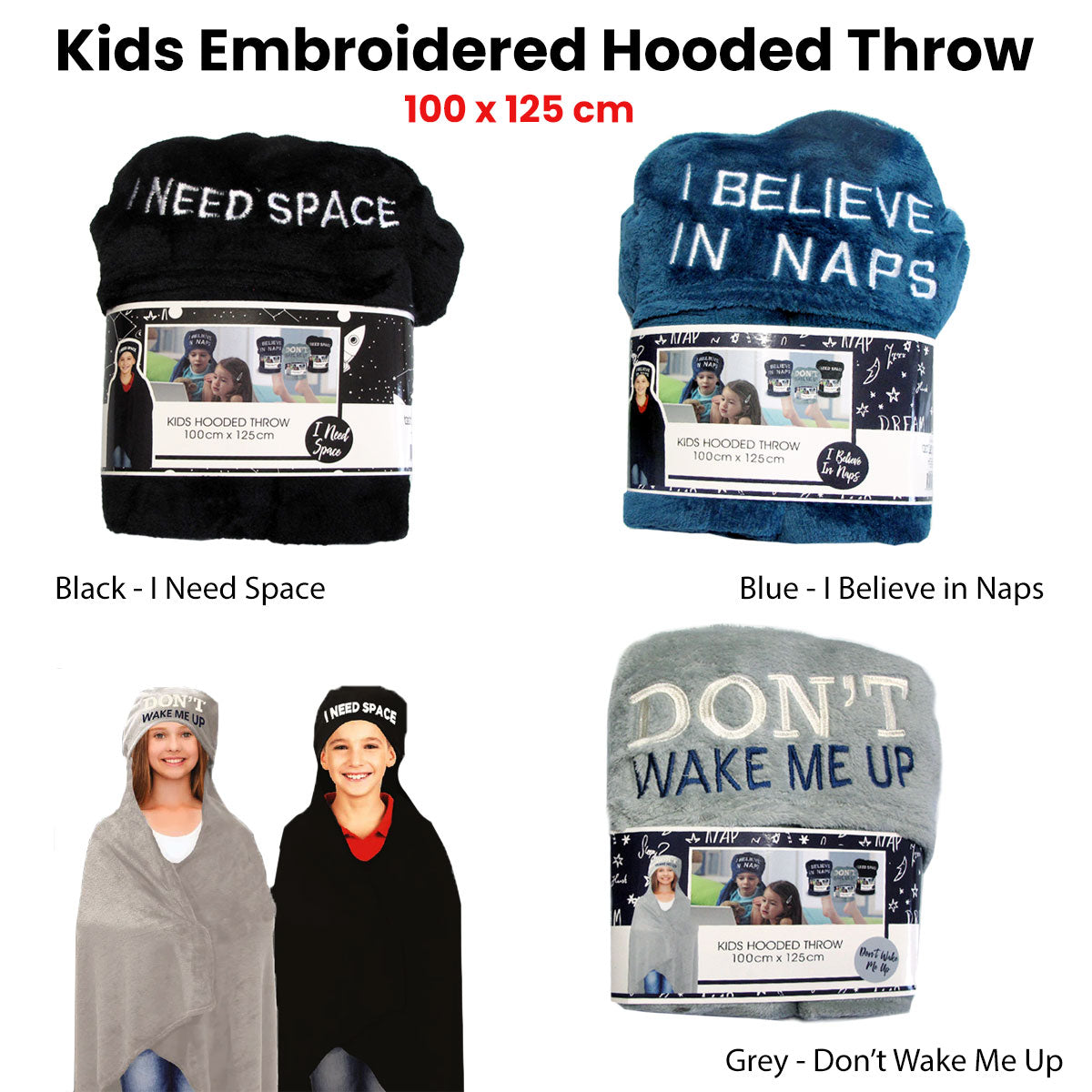 kids-embroidered-hooded-throw-rug-100-x-125cm-black-i-need-space at www.mallsonline.com.au