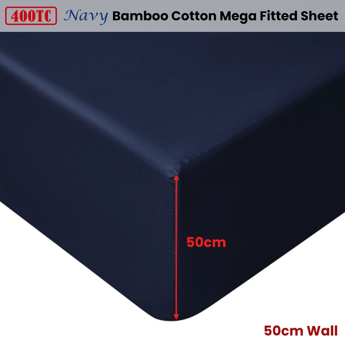 Accessorize Navy Bamboo Cotton Mega Fitted Sheet 50cm Wall Super King