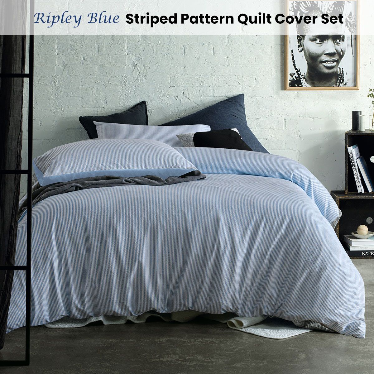 Accessorize Ripley Blue Striped Pattern Quilt Cover Set Double