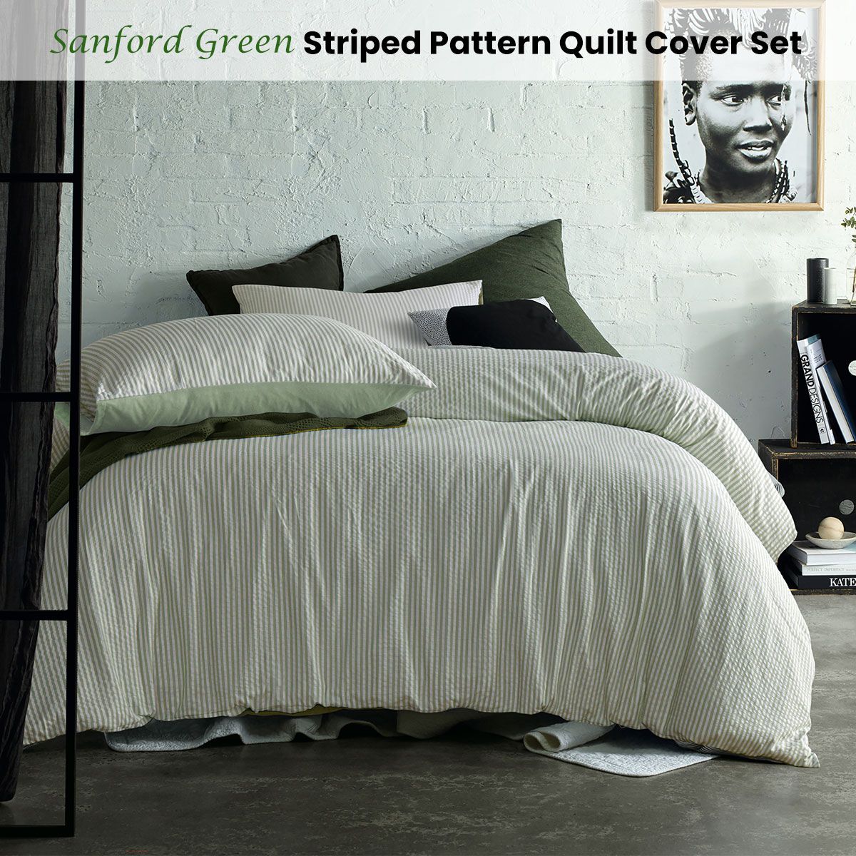 Accessorize Sanford Green Striped Pattern Quilt Cover Set Double