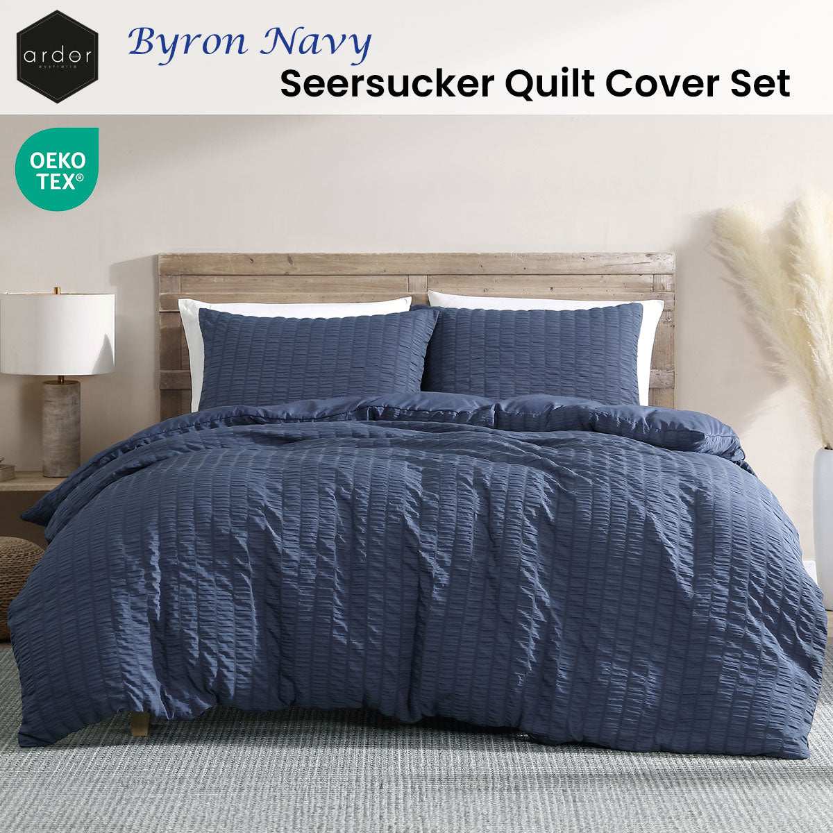 Ardor Byron Navy Seersucker Quilt Cover Set Queen