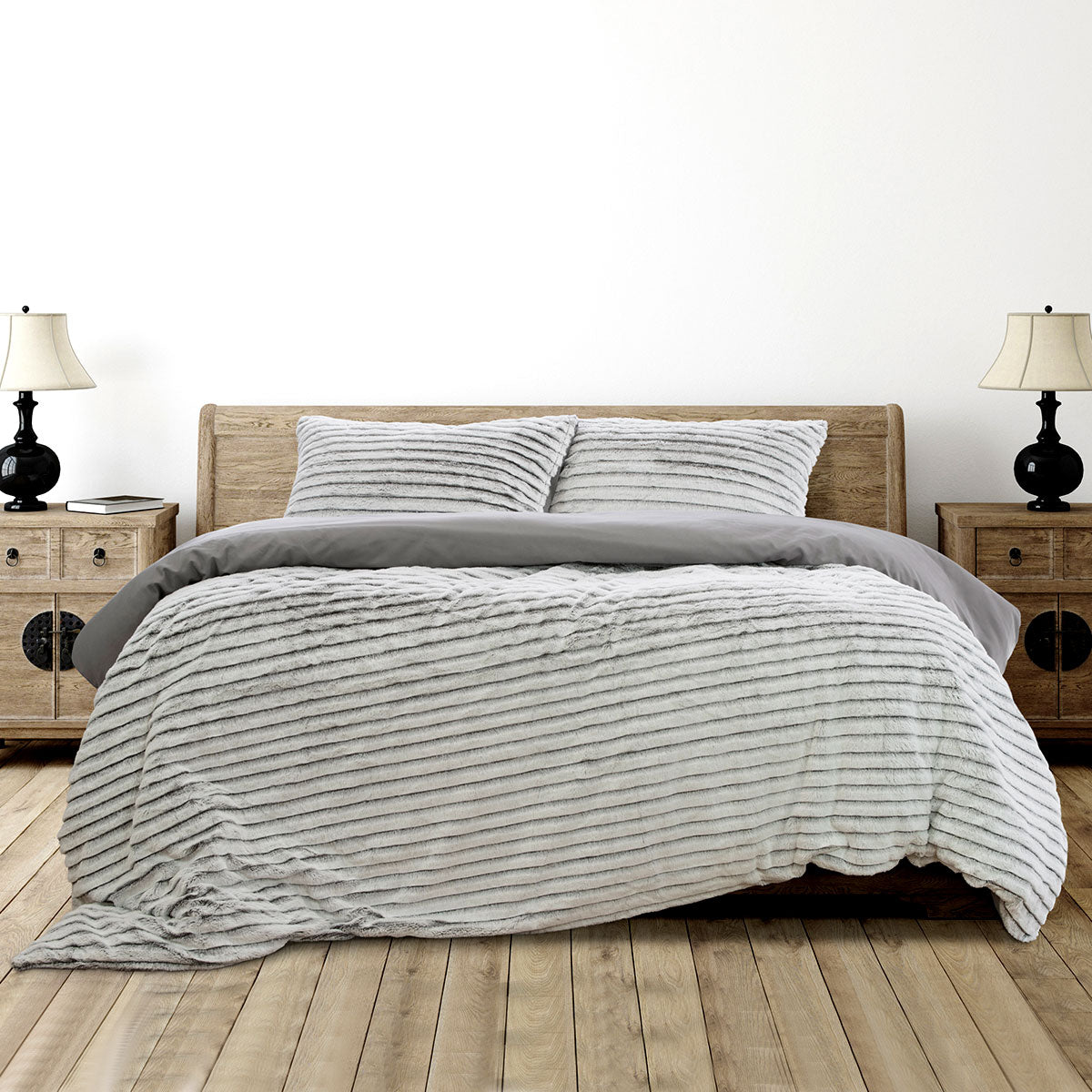 ardor-striped-faux-fur-grey-super-soft-quilt-cover-set-double at www.mallsonline.com.au