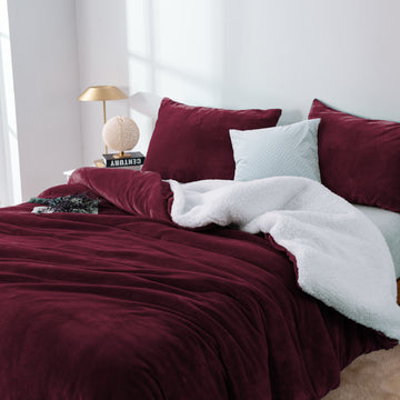 2-in-1-teddy-sherpa-duvet-cover-set-and-blanket-king-aubergine at www.mallsonline.com.au