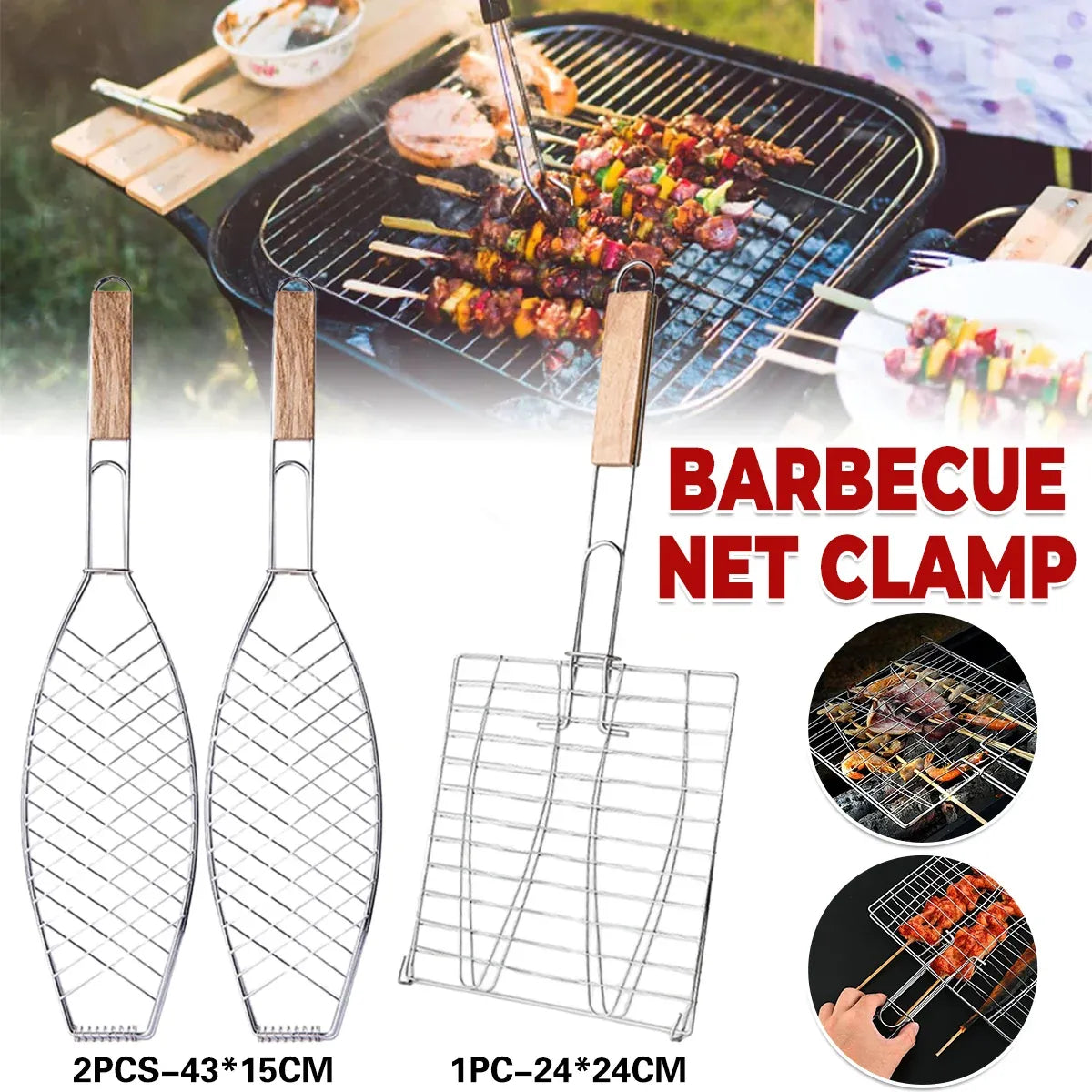 Barbecue Net Clamp Iron Wire Mesh with Wooden Handle for Camping Grill - 43x15cm