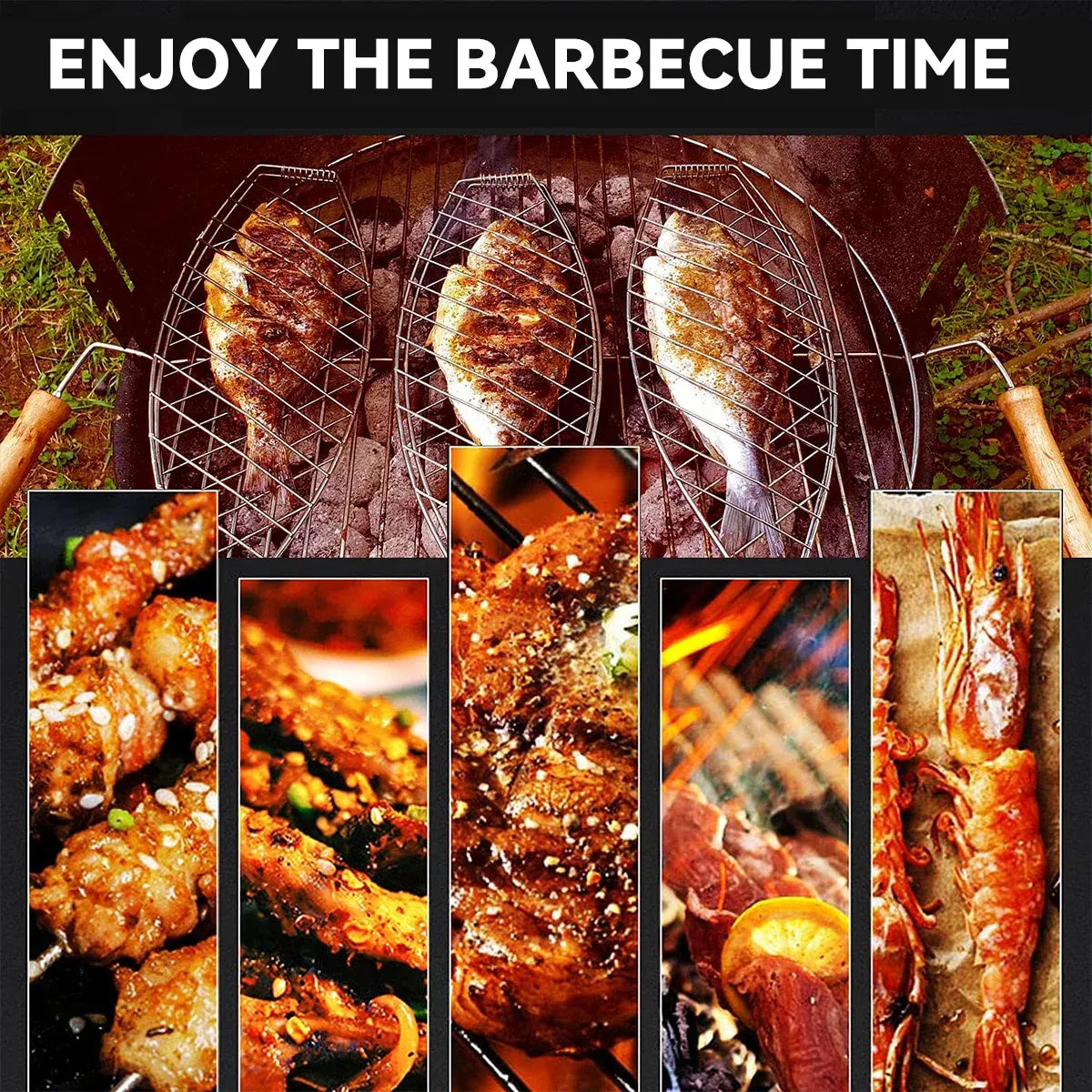 Barbecue Net Clamp Iron Wire Mesh with Wooden Handle for Camping Grill - 43x15cm