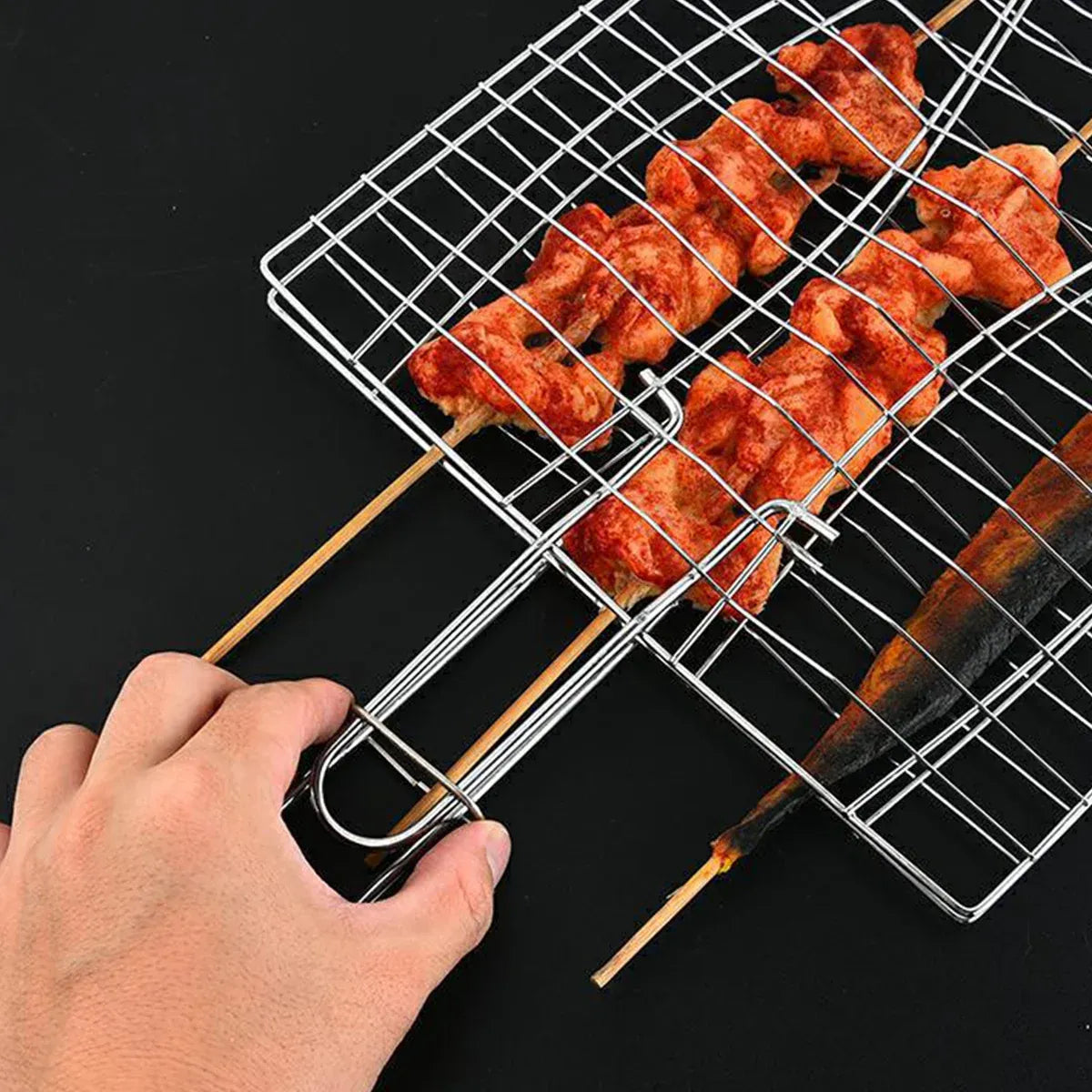 Barbecue Net Clamp Iron Wire Mesh with Wooden Handle for Camping Grill - 43x15cm