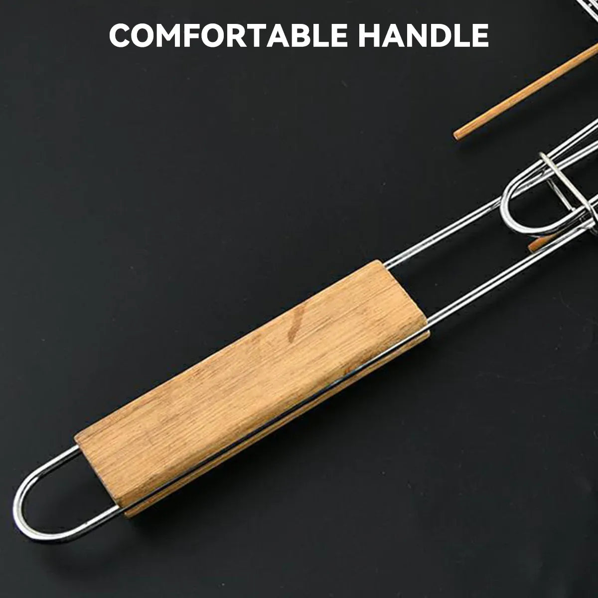 Barbecue Net Clamp Iron Wire Mesh with Wooden Handle for Camping Grill - 43x15cm
