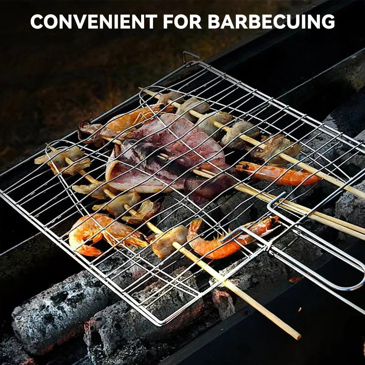 Barbecue Net Clamp Iron Wire Mesh with Wooden Handle for Camping Grill - 43x15cm