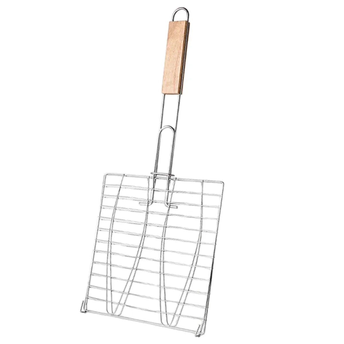 Barbecue Net Clamp Iron Wire Mesh with Wooden Handle for Camping Grill - 24x24cm