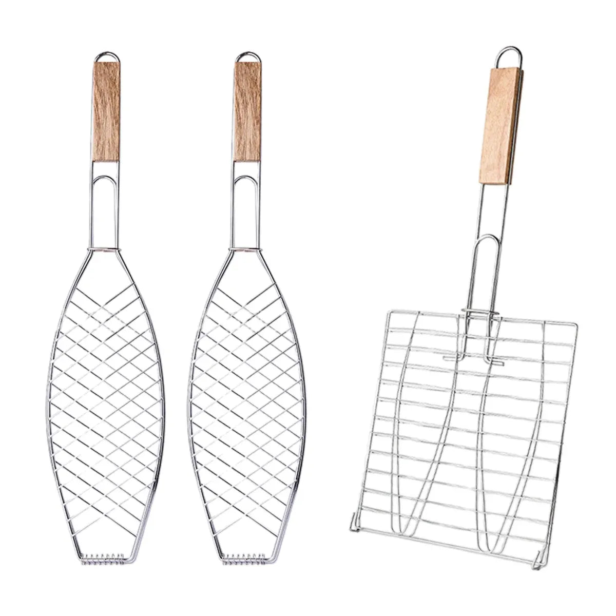 Barbecue Net Clamp Iron Wire Mesh with Wooden Handle for Camping Grill - 24x24cm