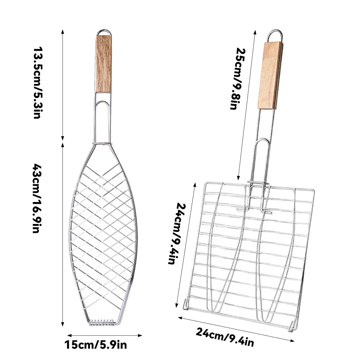 Barbecue Net Clamp Iron Wire Mesh with Wooden Handle for Camping Grill - 24x24cm