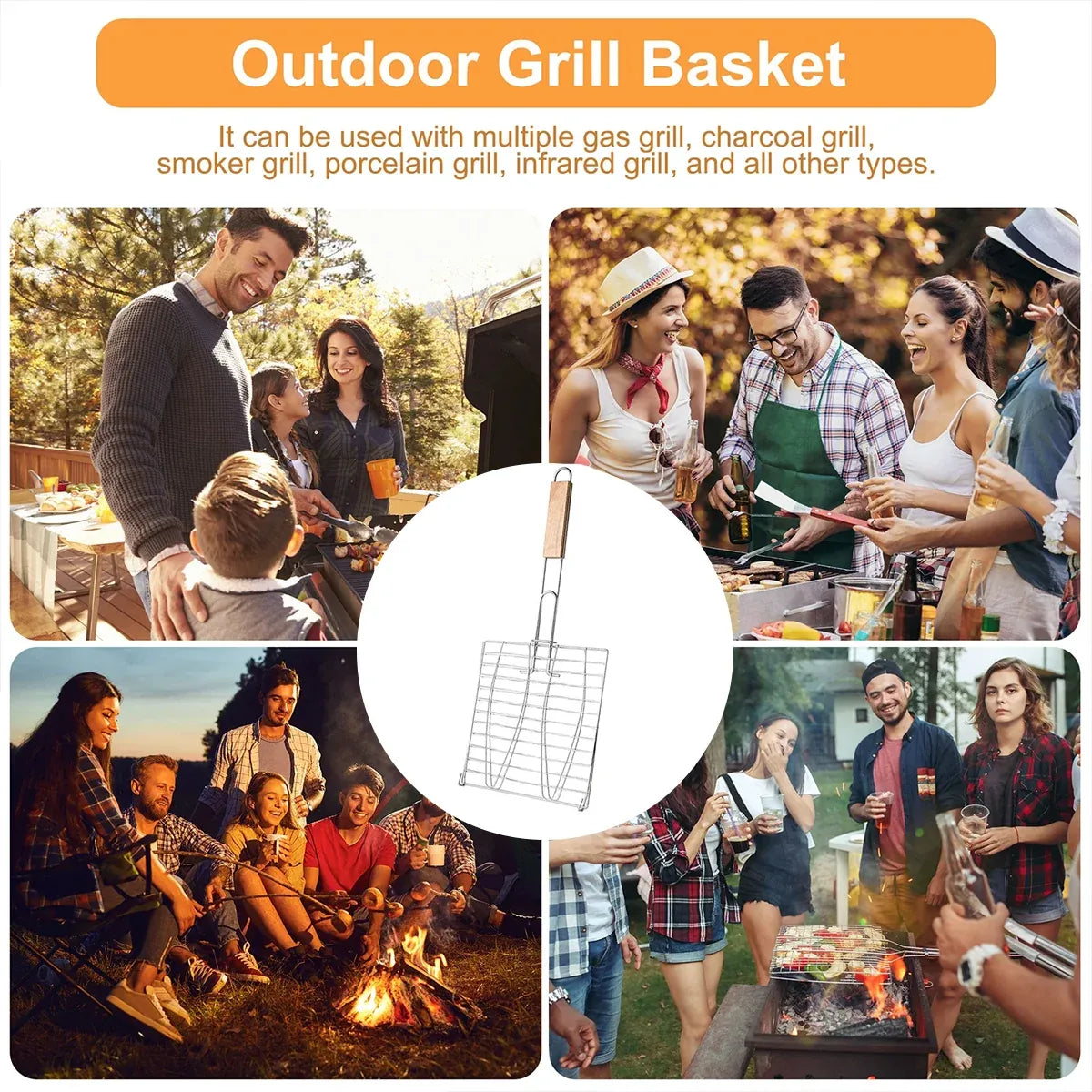 Barbecue Net Clamp Iron Wire Mesh with Wooden Handle for Camping Grill - 24x24cm