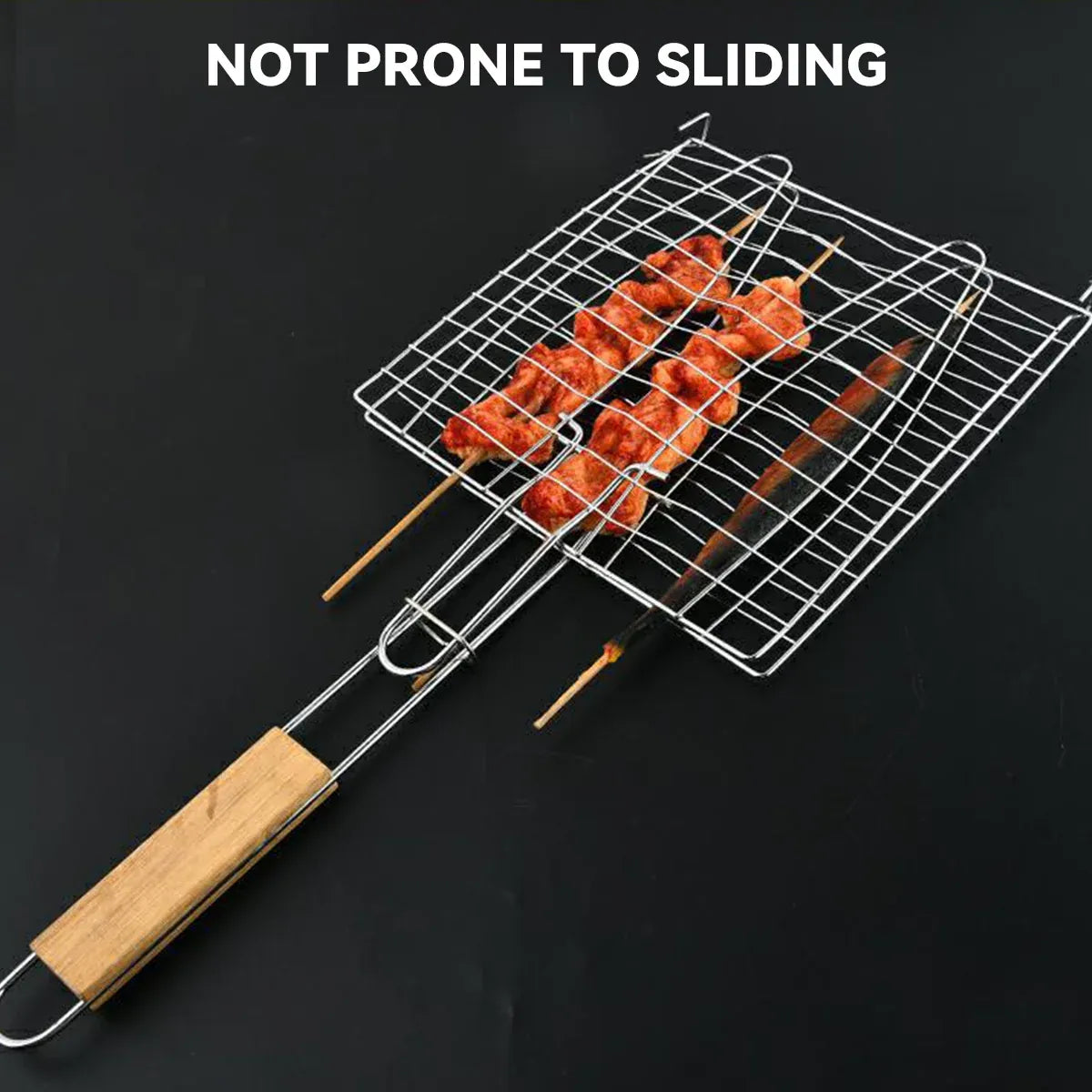 Barbecue Net Clamp Iron Wire Mesh with Wooden Handle for Camping Grill - 24x24cm