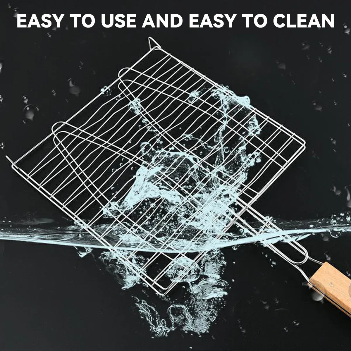 Barbecue Net Clamp Iron Wire Mesh with Wooden Handle for Camping Grill - 24x24cm