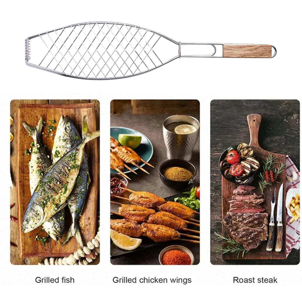 Barbecue Net Clamp Iron Wire Mesh with Wooden Handle for Camping Grill - 24x24cm