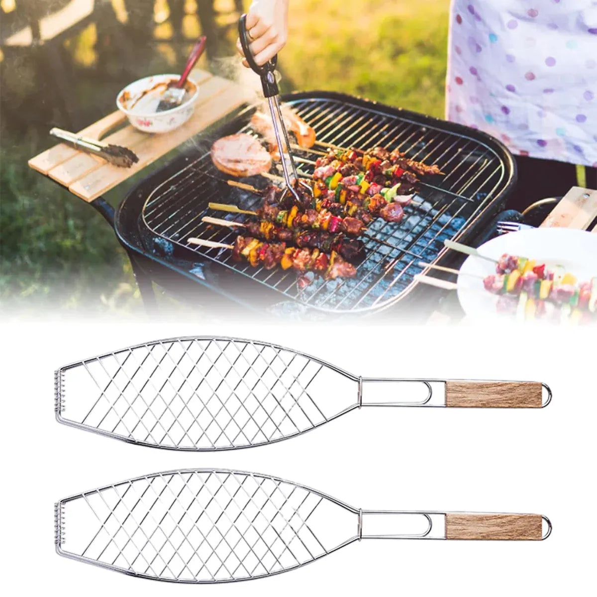 Barbecue Net Clamp Iron Wire Mesh with Wooden Handle for Camping Grill - 24x24cm