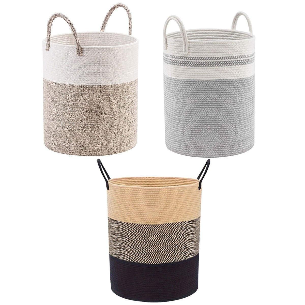 Woven Cotton Rope Storage Basket Foldable Laundry Bin Bamboo Clothes Organizer - Khaki Black