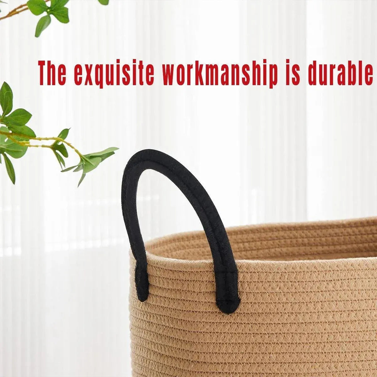 Woven Cotton Rope Storage Basket Foldable Laundry Bin Bamboo Clothes Organizer - Khaki Black