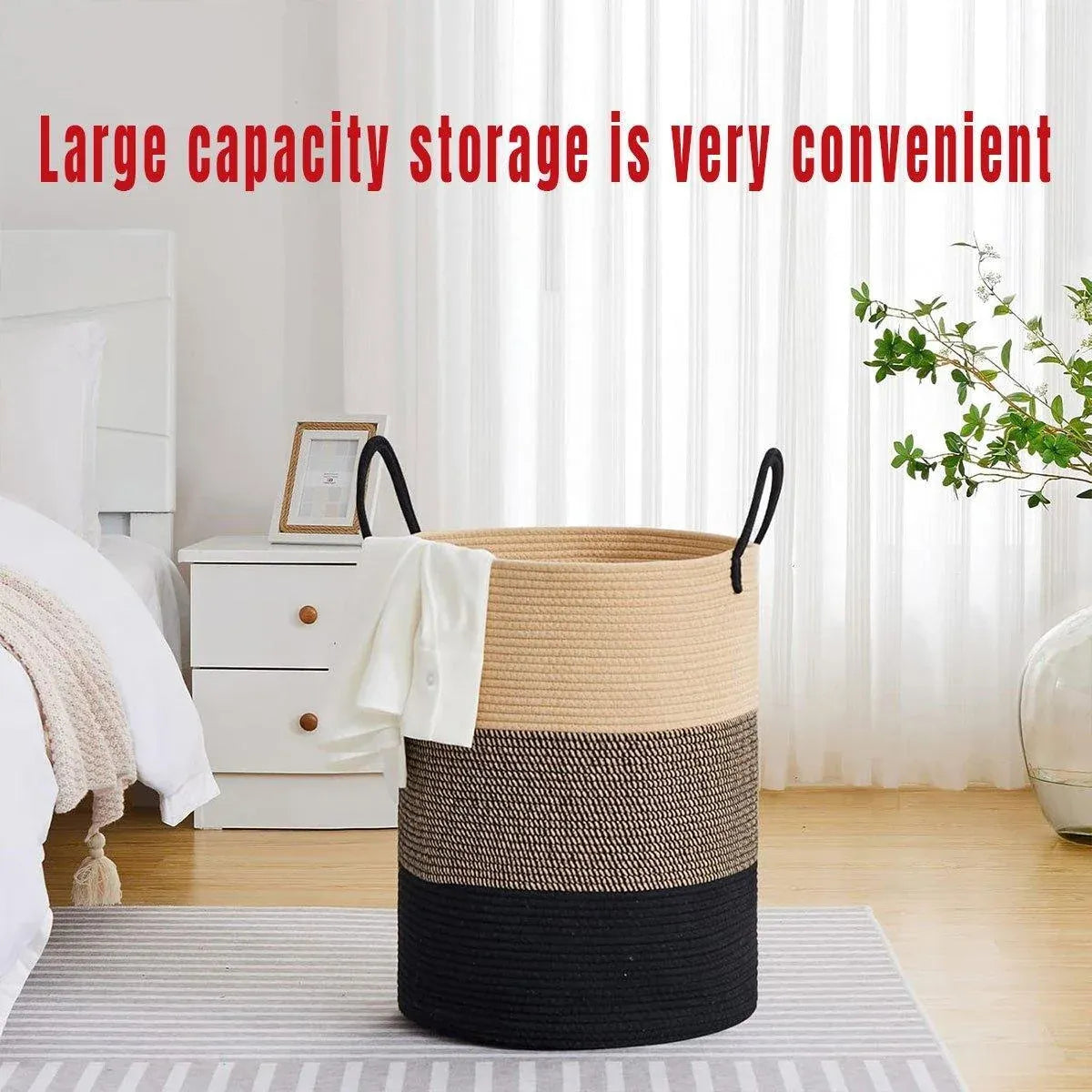Woven Cotton Rope Storage Basket Foldable Laundry Bin Bamboo Clothes Organizer - Khaki Black