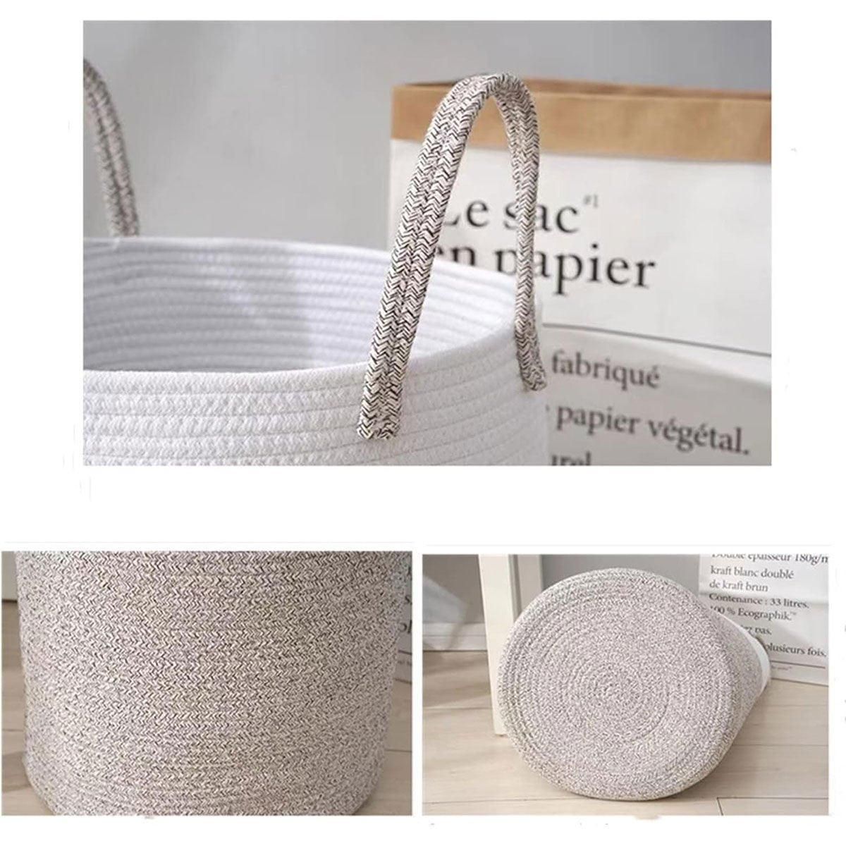 Woven Cotton Rope Storage Basket Foldable Laundry Bin Bamboo Clothes Organizer - Khaki Black