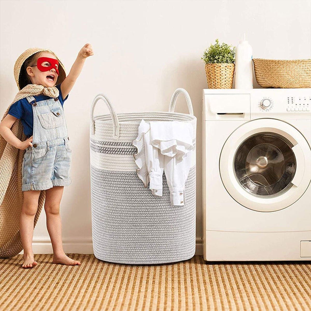 Woven Cotton Rope Storage Basket Foldable Laundry Bin Bamboo Clothes Organizer - Khaki Black