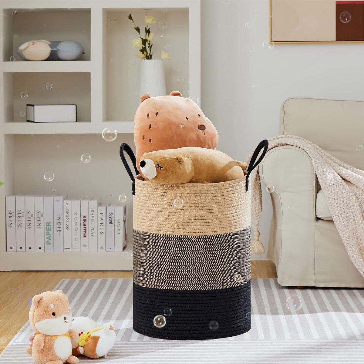 Woven Cotton Rope Storage Basket Foldable Laundry Bin Bamboo Clothes Organizer - Khaki Black