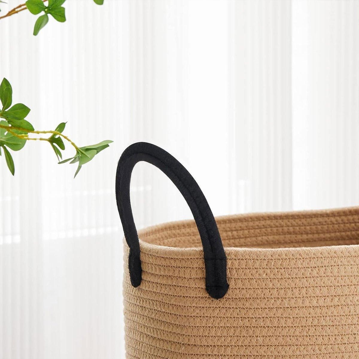 Woven Cotton Rope Storage Basket Foldable Laundry Bin Bamboo Clothes Organizer - Khaki Black