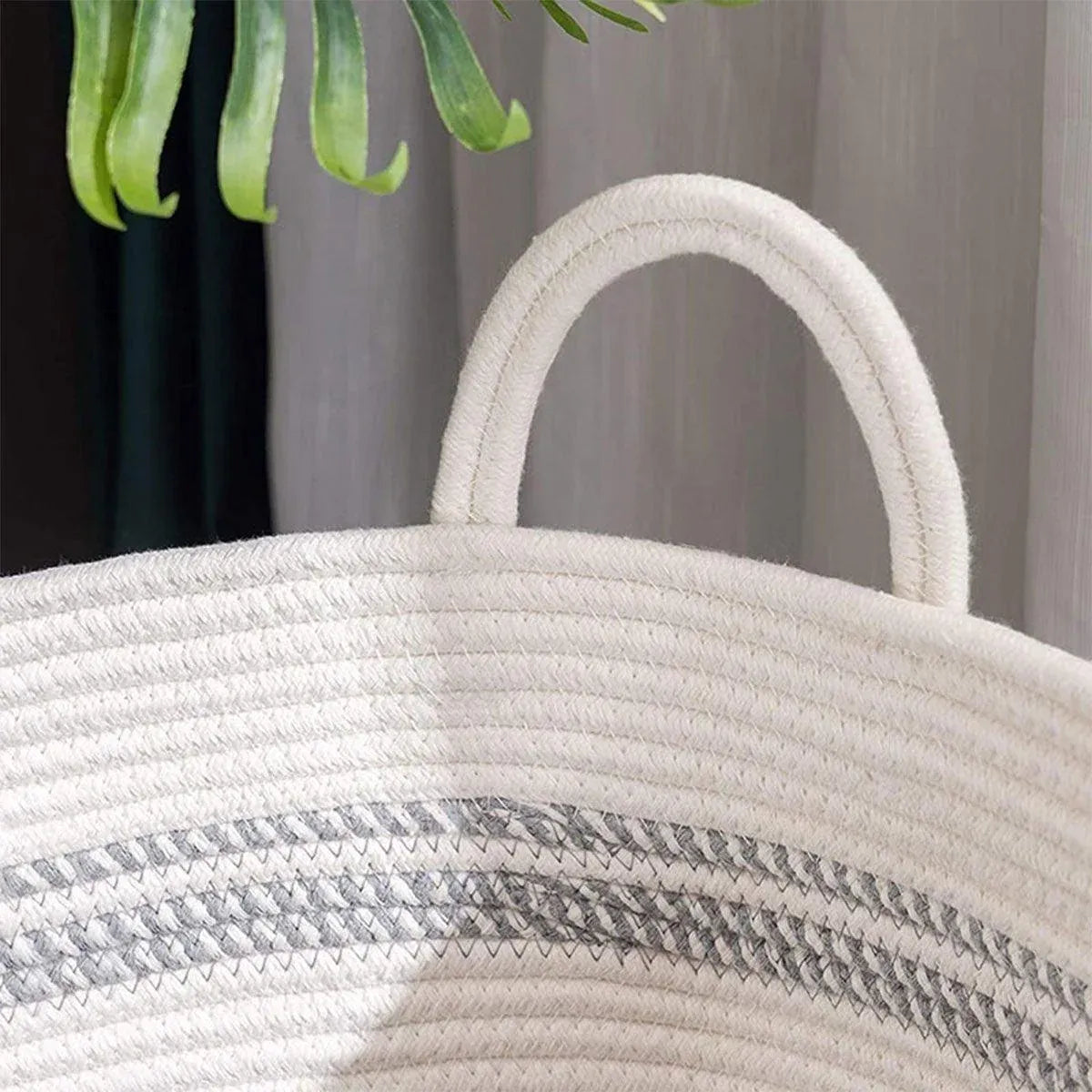Woven Cotton Rope Storage Basket Foldable Laundry Bin Bamboo Clothes Organizer - Khaki Black