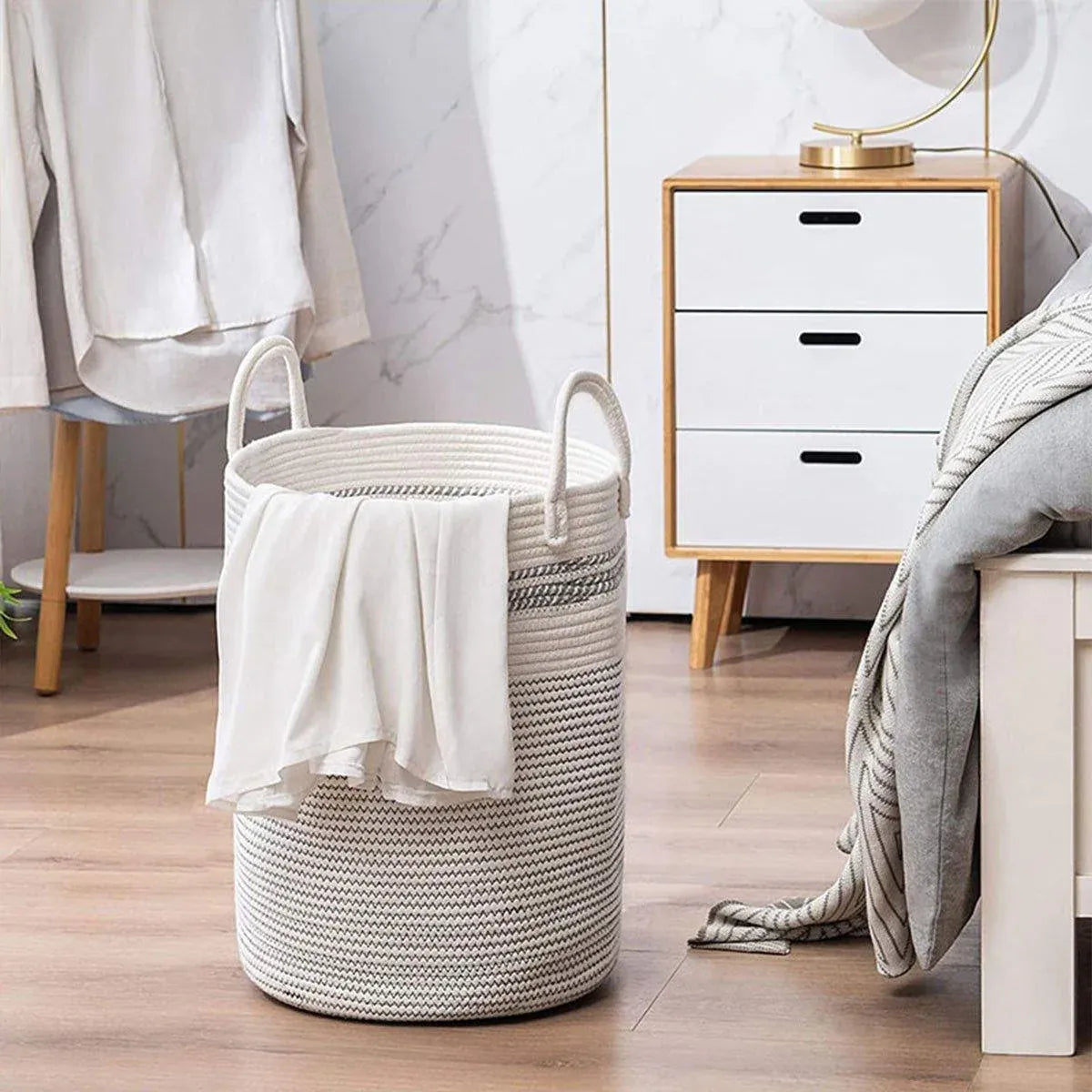 Woven Cotton Rope Storage Basket Foldable Laundry Bin Bamboo Clothes Organizer - Khaki Black