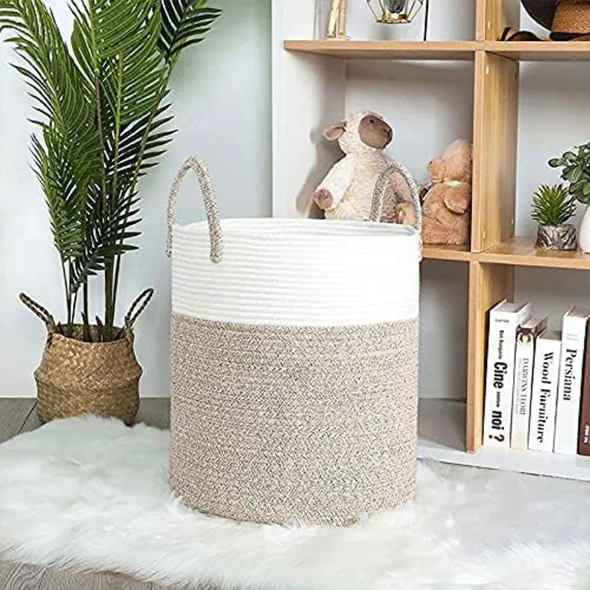 Woven Cotton Rope Storage Basket Foldable Laundry Bin Bamboo Clothes Organizer - Khaki Black