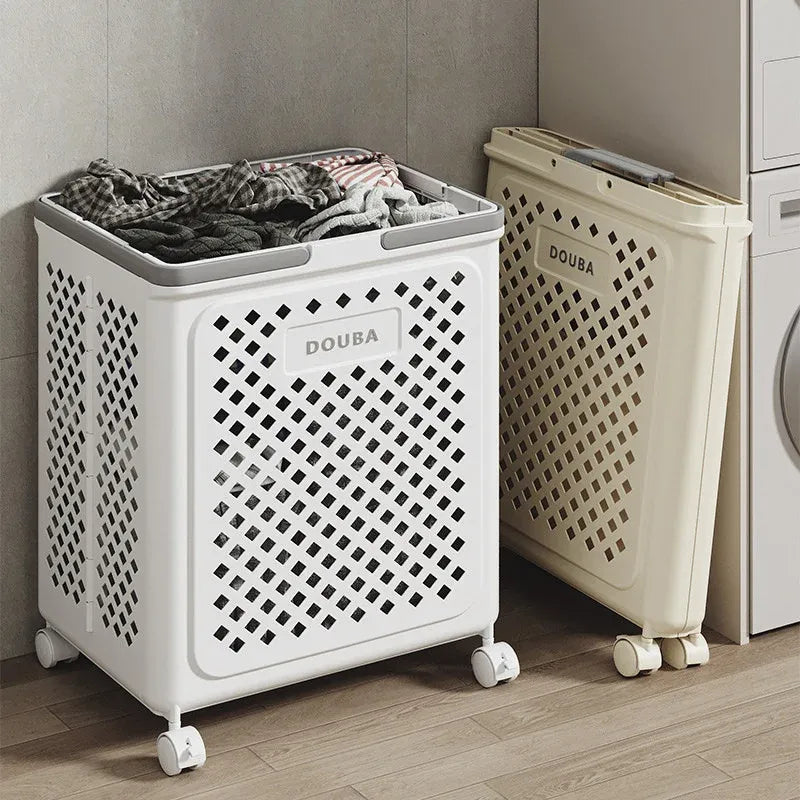 Folding Laundry Basket with Wheel Large Capacity Removable Dirty Clothes Storage - White-M